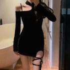 Long-sleeve One-shoulder Lace-up Slit Mini Bodycon Dress Black - One Size