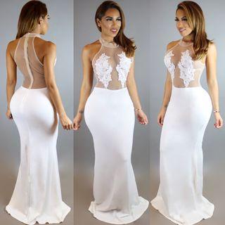 Crochet Lace Applique Halter Maxi Dress