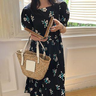Puff-sleeve Flower Print Midi A-line Dress Black - One Size