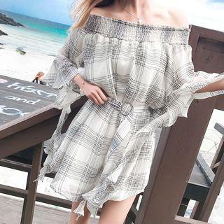 Plaid Off-shoulder Long-sleeve Chiffon Dress