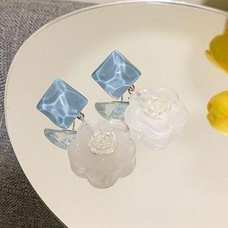 Flower Acrylic Dangle Earring 01# - 1 Pair - White & Blue - One Size