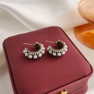 Faux Pearl Hook Earring 1 Pair - Gold & White - One Size