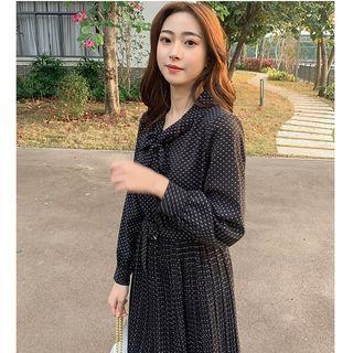 Long-sleeve Dotted Midi A-line Pleated Skirt