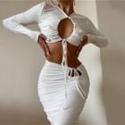 Set: Long-sleeve Drawstring Cutout Crop Top + Midi Pencil Skirt