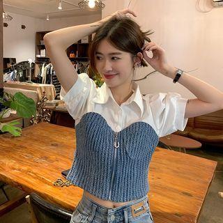 Short-sleeve Zip-up Denim Panel Blouse