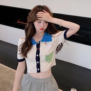 Short-sleeve Collared Embroidered Button-up Knit Top Almond - One Size