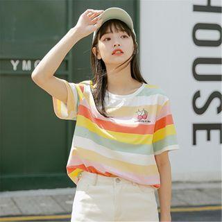 Short-sleeve Striped Cartoon Print T-shirt
