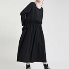 Long-sleeve Ruffle Midi Shift Dress Black - One Size