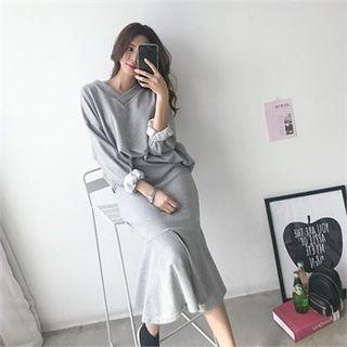 Set: V-neck Sweatshirt + Midi Mermaid Skirt