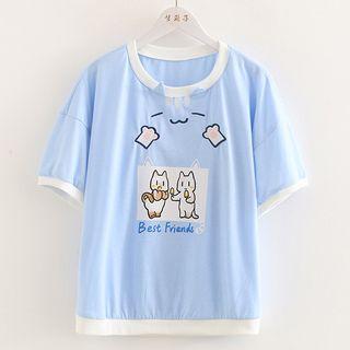 Contrast Trim Cat Printed Short-sleeve T-shirt