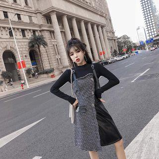 Set: Long-sleeve Mock Neck Knit Top + Buckle-strap Faux Leather Panel A-line Dress