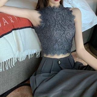 Plain Lace Tank Top / Plaid High-waist Pants