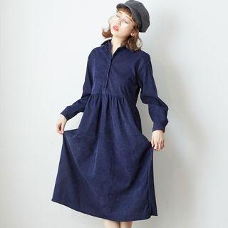 Long Sleeve Buttoned Corduroy Dress Blue - One Size