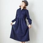 Long Sleeve Buttoned Corduroy Dress Blue - One Size