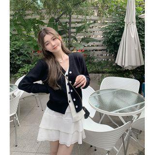 V-neck Asymmetrical Cardigan / A-line Skirt