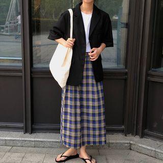 Short-sleeve Blazer / Plaid Midi A-line Skirt
