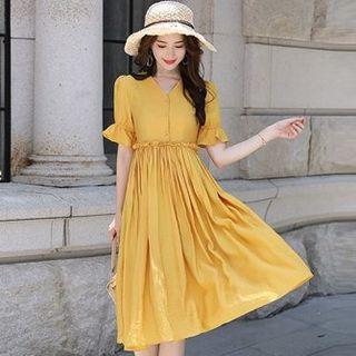 Bell Sleeve V-neck Ruched A-line Dress