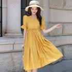 Bell Sleeve V-neck Ruched A-line Dress