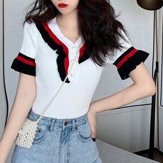 Short-sleeve Ruffle Trim Knit Shirt