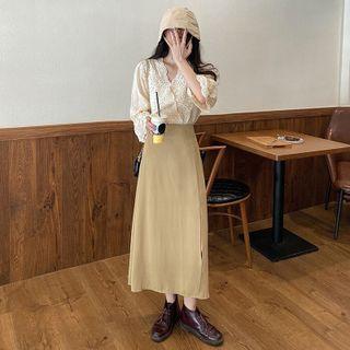 V-neck Embroidered Cutout Long-sleeve Top + Slit Skirt
