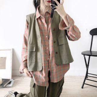 Long-sleeve Midi Shirtdress / Button-up Vest