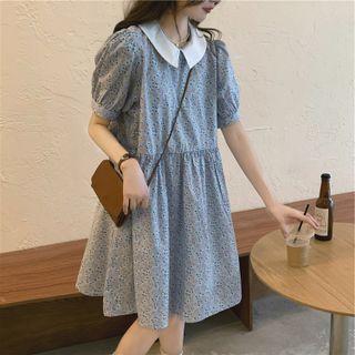 Puff-sleeve Floral A-line Dress Blue - One Size
