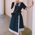 Elbow-sleeve Two-tone Asymmetrical Shirt Dress