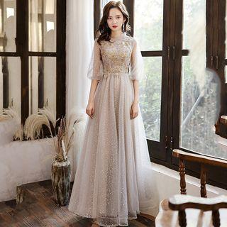 Embroidered Glitter A-line Evening Gown