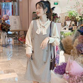 Set: Long-sleeve Mock-tie Blouse + Sleeveless Plaid Shift Dress