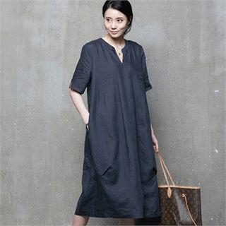 Notched-neck Linen Midi Dress