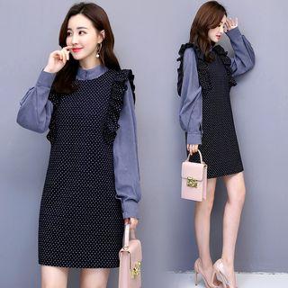 Set: Lantern-sleeve Blouse + Dotted Sleeveless A-line Dress