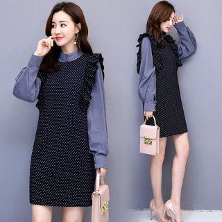 Set: Lantern-sleeve Blouse + Dotted Sleeveless A-line Dress