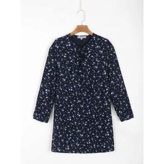 Long-sleeve Floral Tie-strap Mini A-line Dress