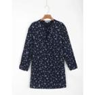 Long-sleeve Floral Tie-strap Mini A-line Dress