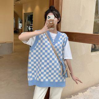 V-neck Color Pane Plaid Knit Vest