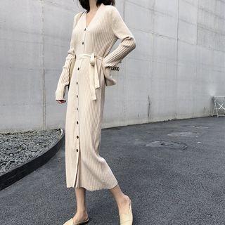 Buttoned Tie-waist Rib Knit Midi Dress