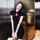 Contrast Trim Mandarin Collar Short-sleeve Slit Mini Bodycon Dress