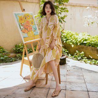 Printed Long-sleeve Tiered Maxi A-line Dress