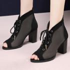 Block Heel Lace Up Open Toe Ankle Boots