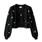 Puff Sleeve Flower Embroidery Knit Crop Cardigan