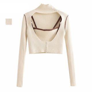 Set: Cutout Mock-neck Knit Top + Camisole Top