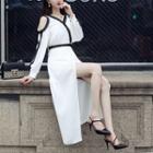 Contrast Trim Cold Shoulder Long-sleeve Slit A-line Maxi Dress