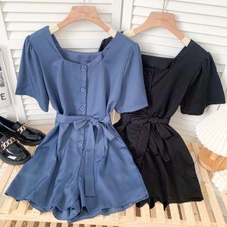 Button-up Wide-leg Playsuit With Sash