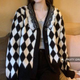 Two-tone Lace Trim Cardigan Black & White - One Size