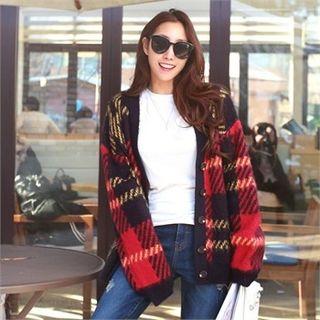 V-neck Plaid Furry Cardigan