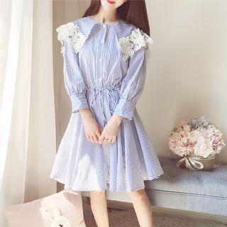 3/4-sleeve Striped Lace Trim A-line Shirt Dress
