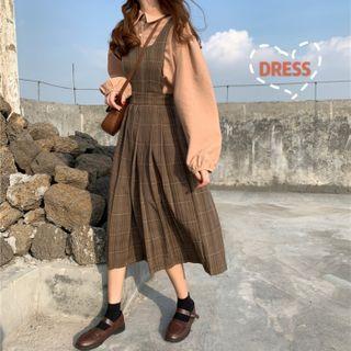 Corduroy Top / Medium Long Plaid Dress