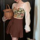 Puff-sleeve Floral Print Panel Blouse / Lace-up A-line Skirt