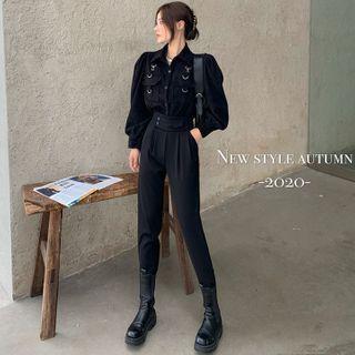 Workwear Bubble-sleeve Plain Shirt / High-waist Tapered Dress Pants