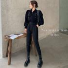 Workwear Bubble-sleeve Plain Shirt / High-waist Tapered Dress Pants